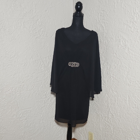 Black Chiffon Overlay Butterfly Sleeve Jeweled Midi Dress - Picture 1 of 5